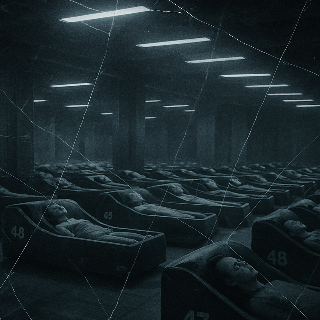 Rows of pods where people are paid to lie still and do nothing